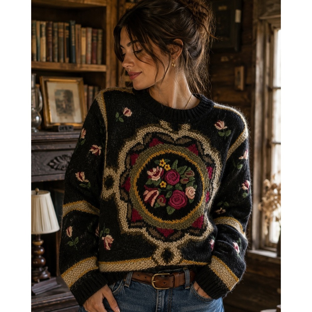 Siba Vintage Hand Knitted Mohair Floral Medallion Sweater Lined Black Mens‎ M